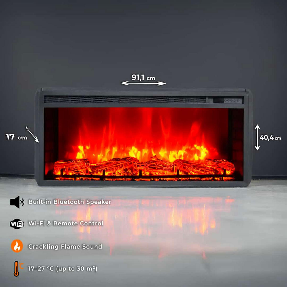 ELEKTROKAMIN 1800 W mit Bluetooth Lautsprecher EF2 - Schwarz, Metall (91.1/40.4/17cm) - dlc home