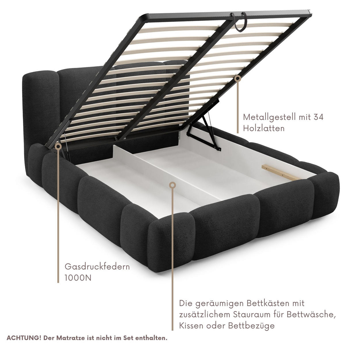POLSTERBETT BLANCO mit Bettkasten, Bett 120x200, Doppelbett mit Stauraum und Lattenrost, ohne Matratze, Schlafzimmer - Schwarz - Schwarz, Holz/Textil (120/200cm) - Furnistar