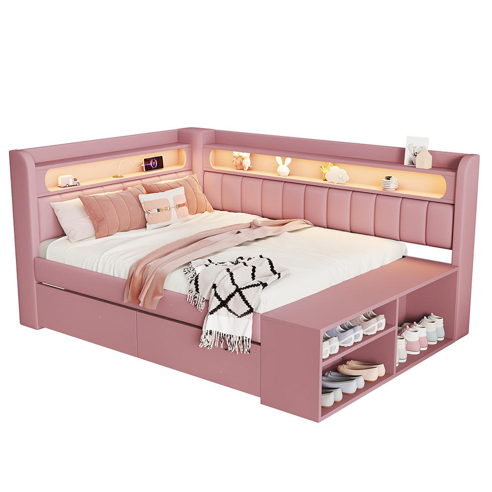 POLSTERBETT 90x200cm, inklusive Schuhschrank und zwei Schubladen, Rosa - Pink, Holz (90/200cm) - KOMHTOM
