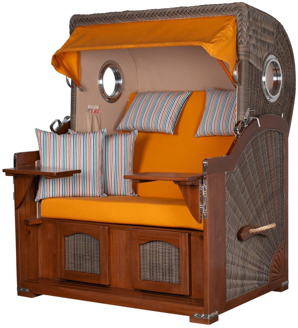 STRANDKORB Komplettset: Ammersee Mahagoni Bullauge - PE grau - Modell 586 - Beige/Rot, Holz/Kunststoff (125/165/80cm) - bene living