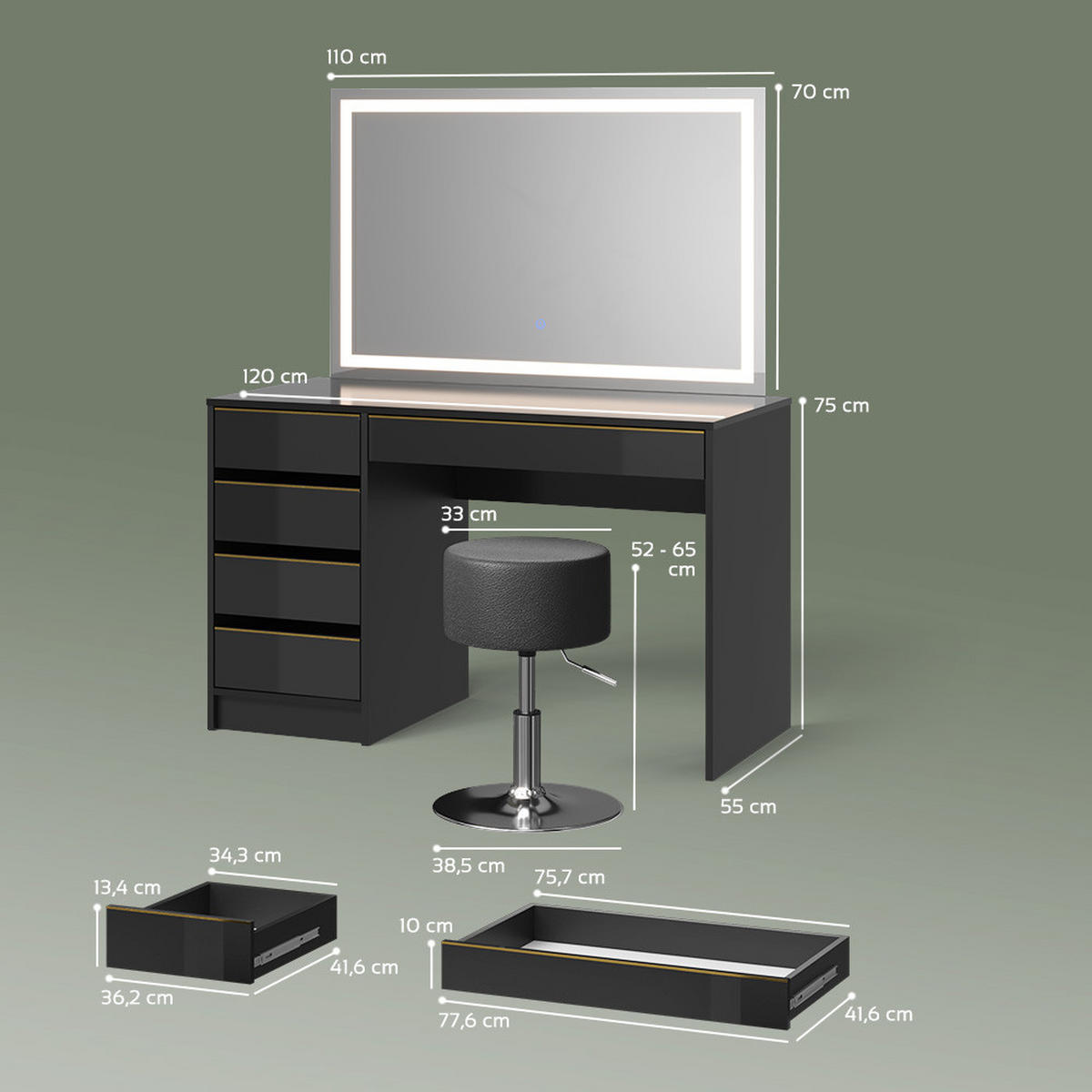 SCHMINKTISCH Imola Schwarz/Gold mit LED-Spiegel und Hocker - Goldfarben/Schwarz, Holzwerkstoff (120/75/55cm) - Livinity®