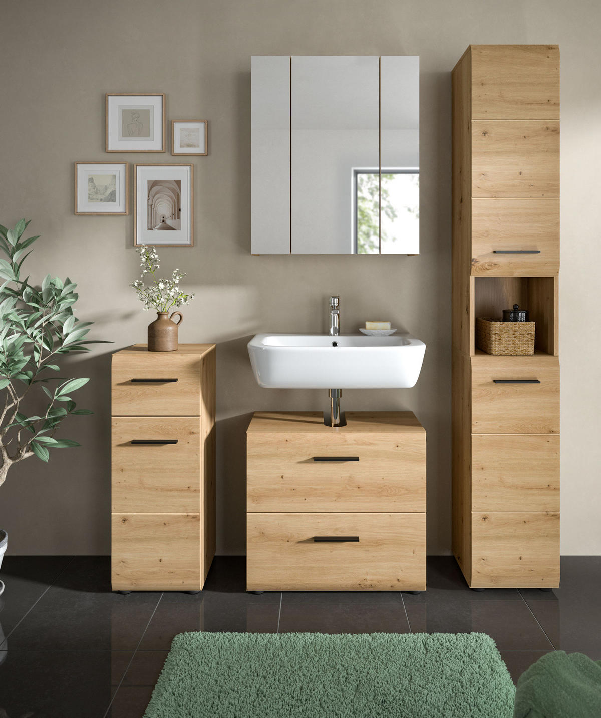 BADMÖBEL-SET 4-teilig in Artisan Eiche, 150 x 185 cm Badkombination, Cover - Schwarz/Eiche Artisan, Glas/Holzwerkstoff (150/185/30cm) - Inn.Furn