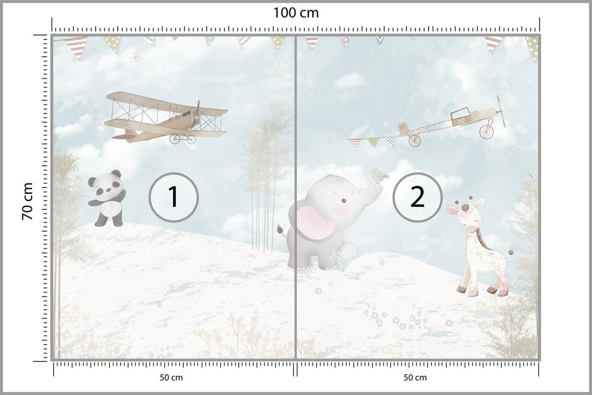 FOTOTAPETE für Kinderzimmer Boho Elefant Panda Giraffe Pflanze Flugzeug 100x70 - Multicolor, Papier (100/70cm) - Muralo