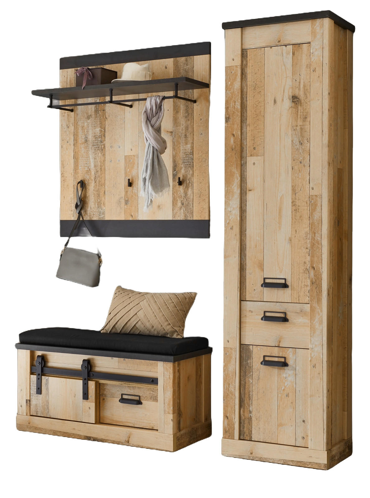 GARDEROBE Set 4-tlg. Used Wood Vintage 164 x 200 cm, mit Schiebetür und Soft-Close - Anthrazit/Schwarz, Holzwerkstoff/Metall (164/201/43cm) - Furn.Design