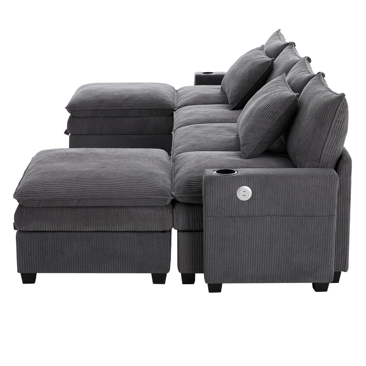 SOFA Modulares L-förmiges mit Fußhockern und USB-Anschlüssen Cord Grau 280/151/82 cm - Grau, Textil (280/151cm) - OKWISH