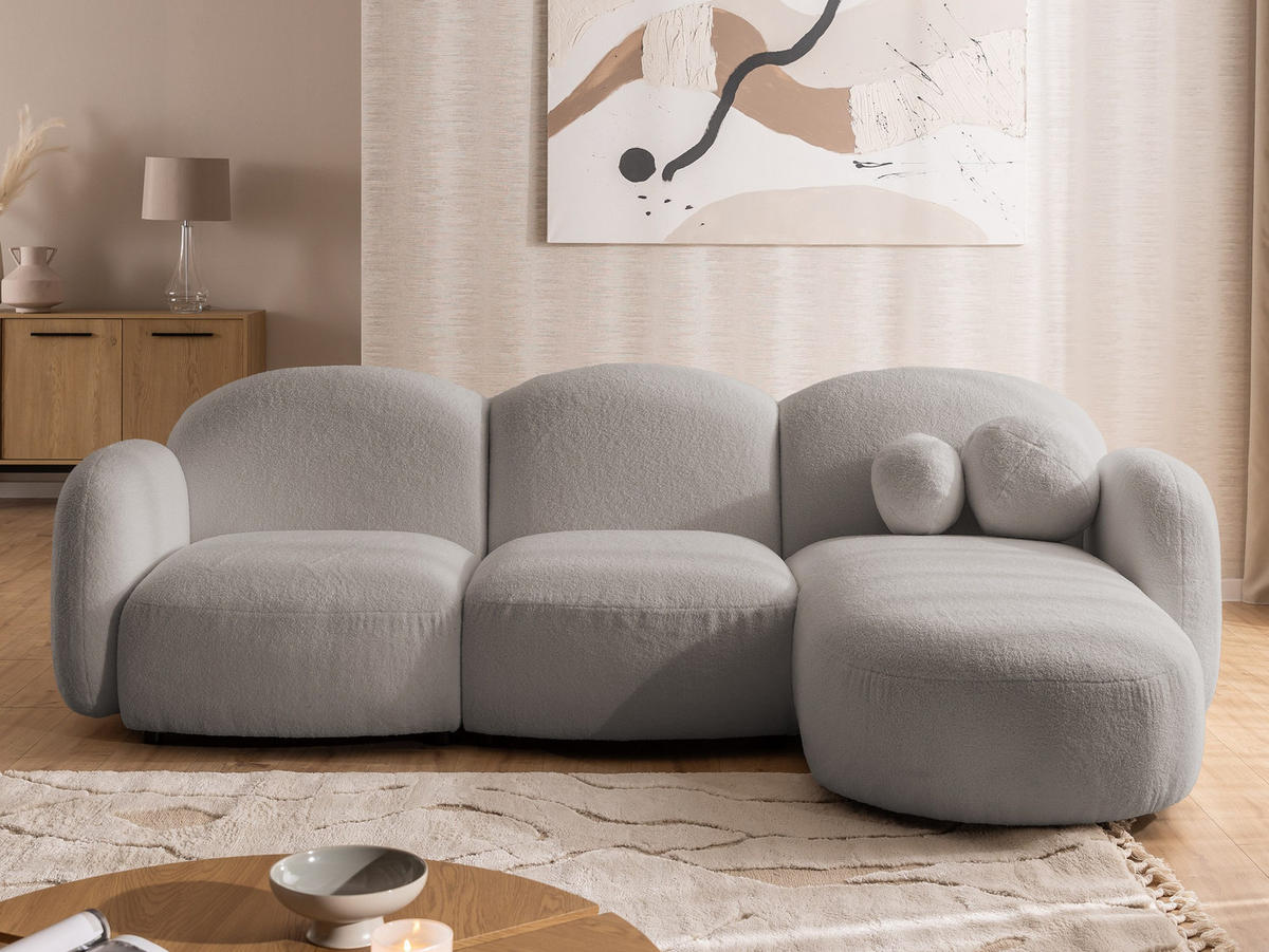 ECKSOFA Nuvola mit abgerundetem Design Hellgrau Bouclé-Stoff - Ottomane Rechts - Hellgrau/Schwarz, Holz/Kunststoff (268/146cm) - S-Style Möbel