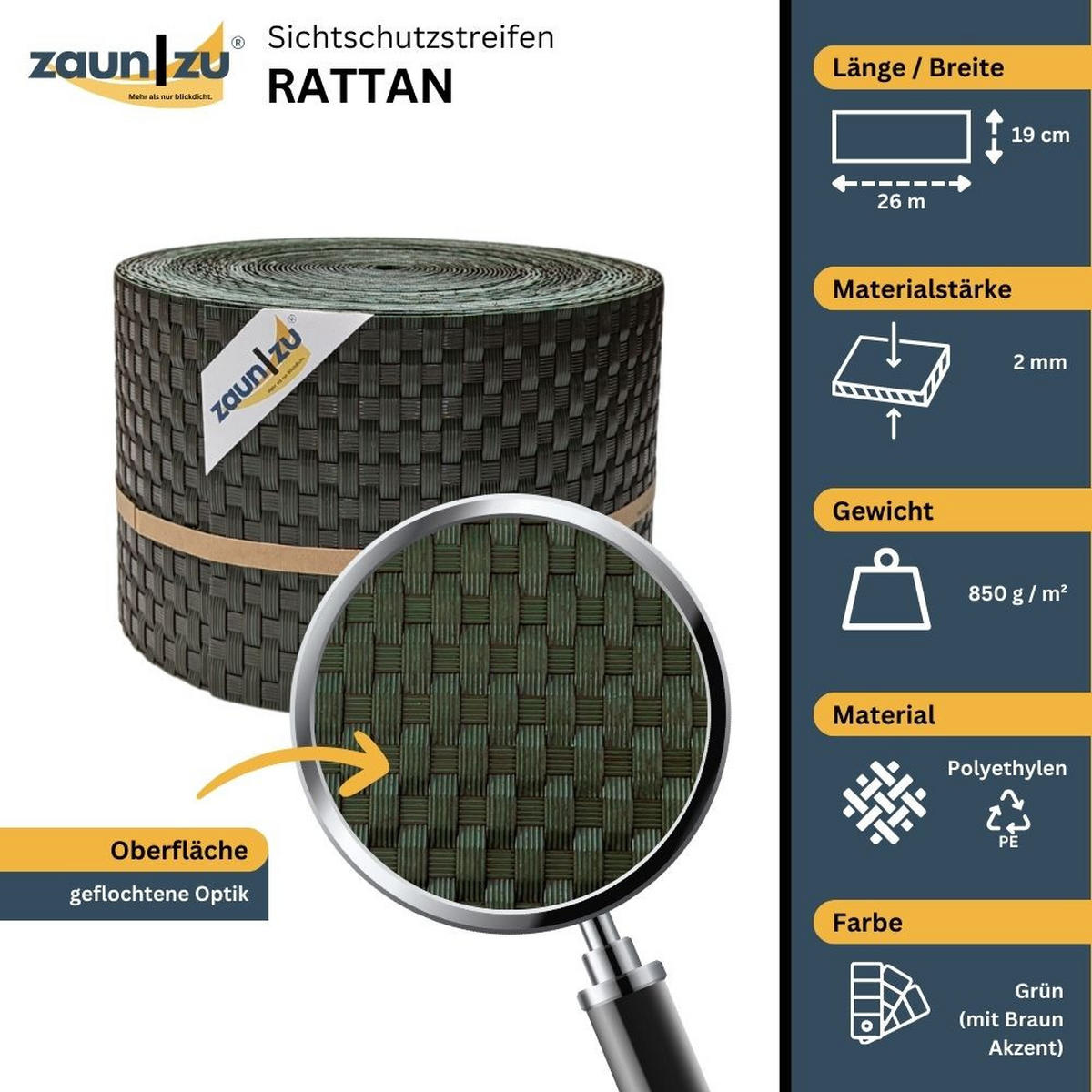 SICHTSCHUTZSTREIFEN Rattan PE für Doppelstabmatten Grün 26m - Grün, Kunststoff (2600/19cm) - ZAUN|ZU