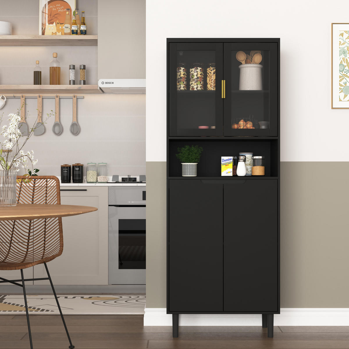 VITRINE aus MDF 60x35x160 cm Schwarz mit gehärteten Glastüren, verstellbarem Einlegeboden und Kippschutz - Schwarz, Holzwerkstoff (60/160/35cm) - Modfu