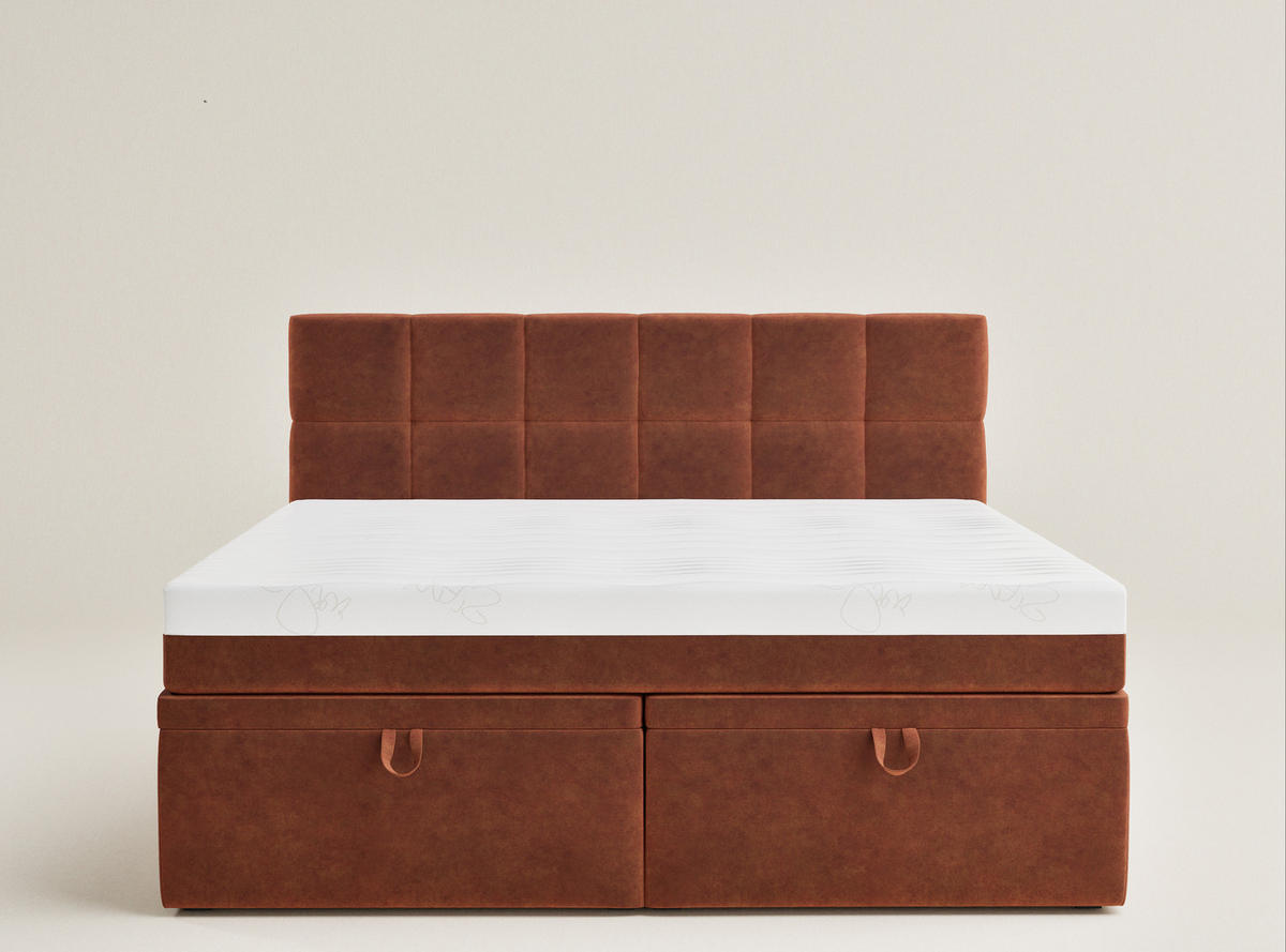BOXBETT 200/200 cm Gotu S, in Kupferfarbe, Matratze, gepolstertes Kopfteil, Bettkasten, H3 = fest - Schwarz/Kupferfarben, Holz/Holzwerkstoff (200/200cm) - Maison de Reve