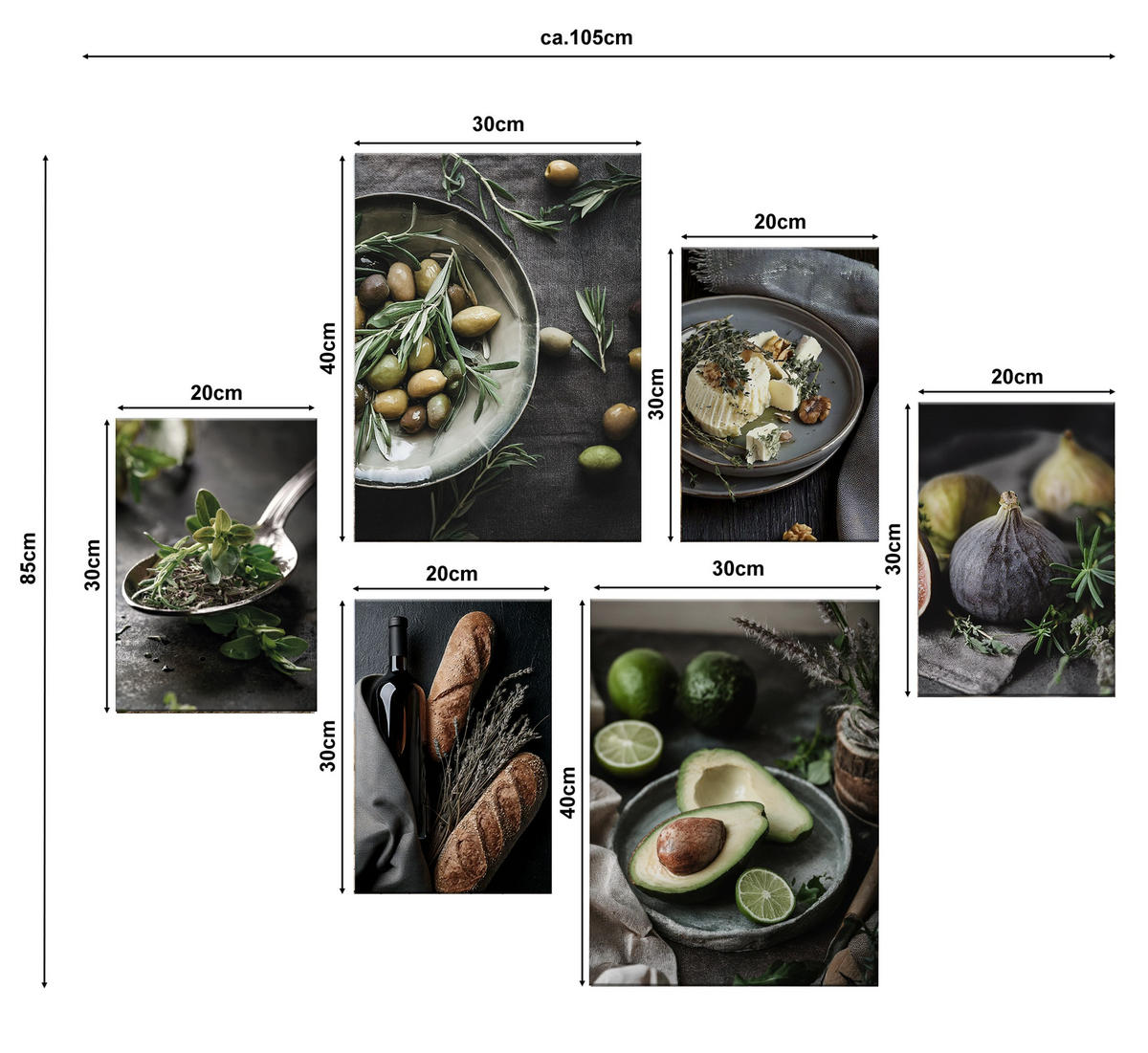 BILDERSET 6er-Set 30x40 cm + 20x30 cm vintage Küche - Schwarz, Kunststoff (105/85cm) - artissimo
