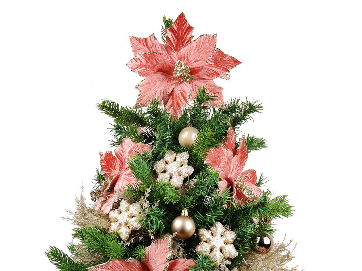 WEIHNACHTSBAUM künstlicher 60 cm mit LED-Beleuchtung, PRACHTFLOCKE, mit 25 Weihnachtsbaumschmuck, Pflanztopf mit Jutesack - Champagner/Pink, Kunststoff/Stein (40/60cm) - LAALU