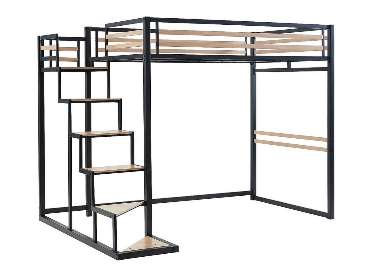 HOCHBETT mit Matratze - 140 x 200 cm - Metall & MDF - Naturfarben & Schwarz - JOGUI - Schwarz/Naturfarben, Metall - Vente-Unique