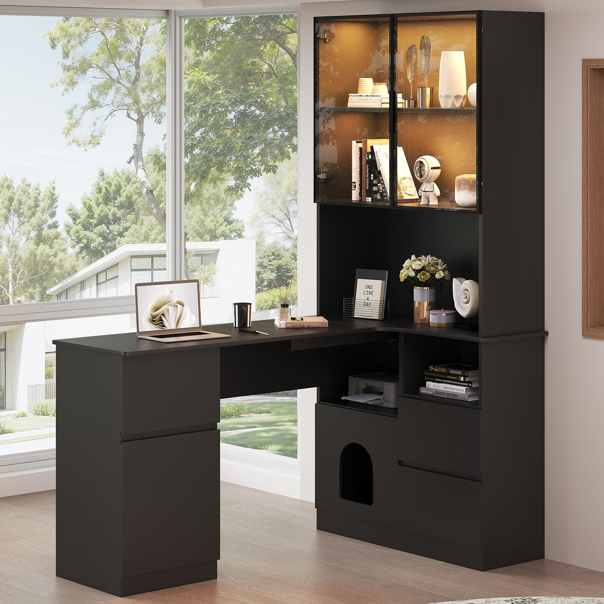 SCHREIBTISCH in Schwarz Eckschreibtisch mit Regal und LED-Vitrine für Wohnzimmer und Schlafzimmer, B120/T80/H180 cm - Transparent/Schwarz, Holzwerkstoff (80/120/180cm) - STILVORA