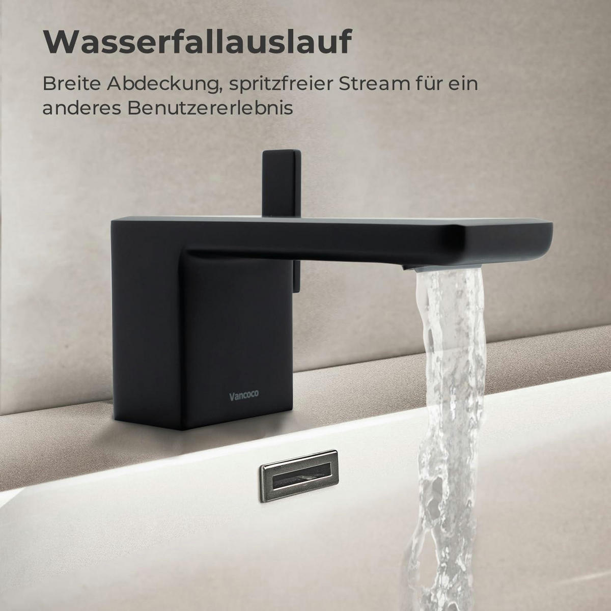 WASCHTISCHARMATUR Wasserfall Schwarz Matt Eckig - Schwarz, Metall (4.9/12.8/19cm)