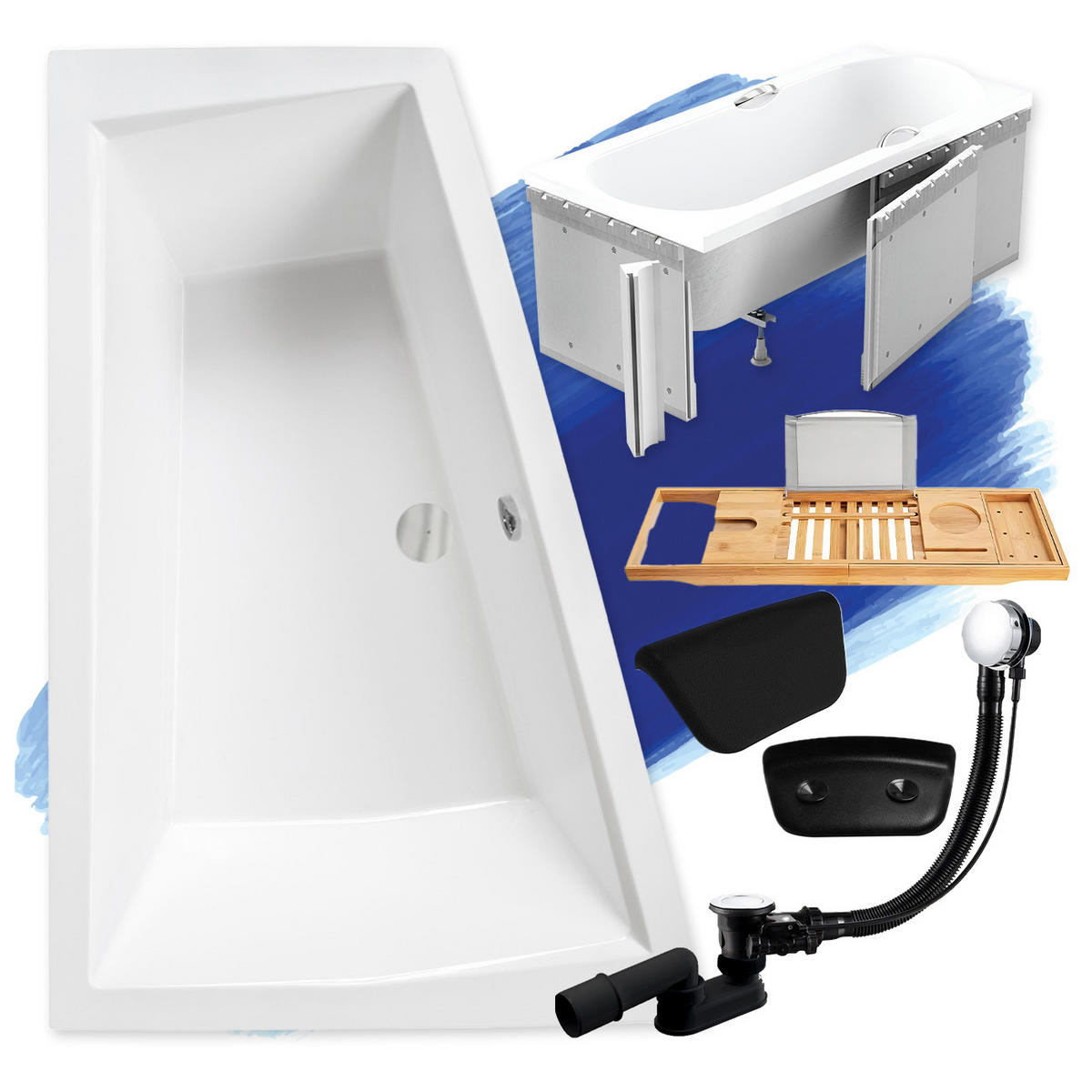 BADEWANNE Eckwanne INTIMA Links 180/125 + Styro + Ablage + Kopfstütze Ablauf Füße - Weiß, Kunststoff (125/55.5/180cm) - bad land