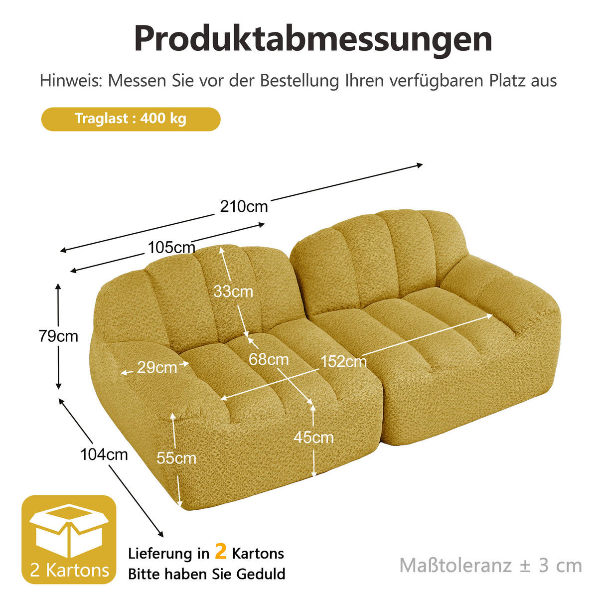 2-SITZER-SOFA DE-34312 Muschelform Gelb - Gelb, Textil (104/79/210cm) - ComfortXL