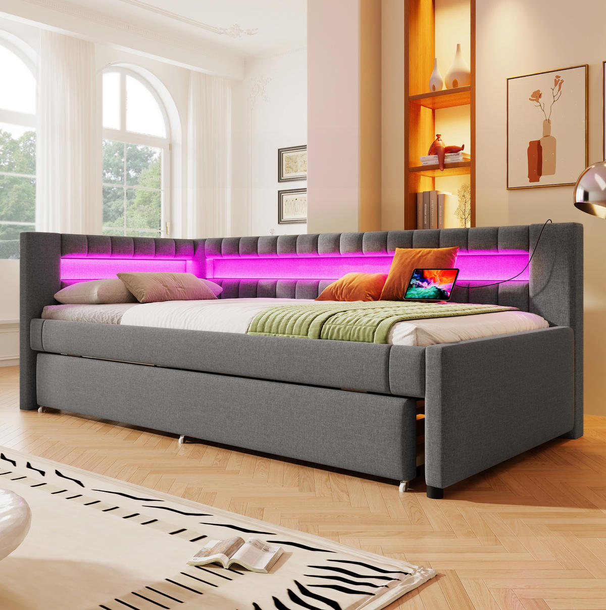 POLSTERBETT aus Leinen 90x200 cm in Grau mit LED & Ausziehbett - Grau, Textil (90/200cm) - Modfu
