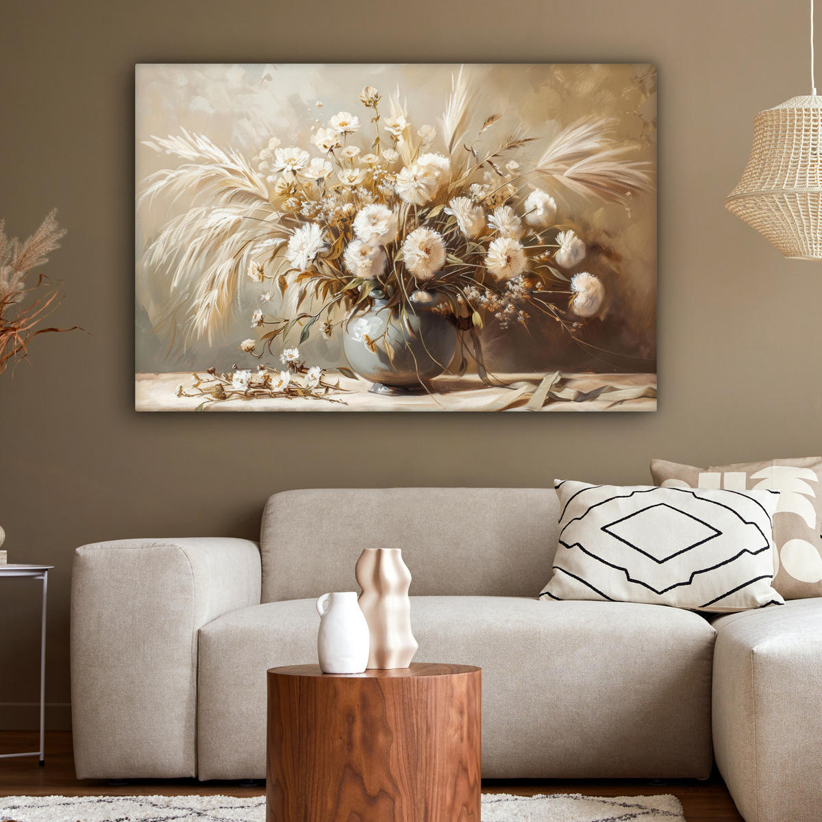 LEINWANDBILD Blumen - Vase - Stilleben - Beige XXL 150x100 cm - Creme, Textil (150/100cm) - MuchoWow