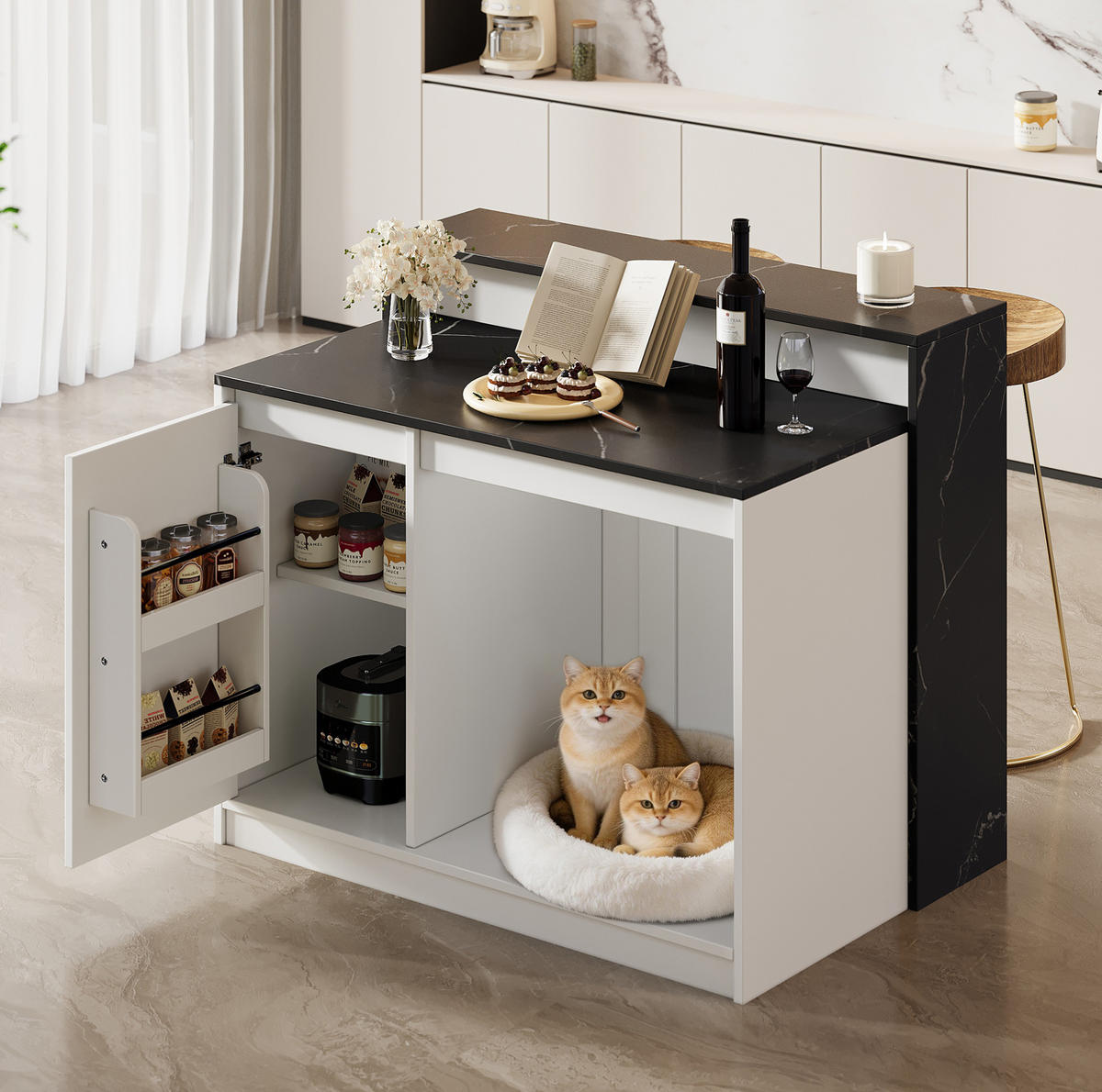 KÜCHENINSEL mit Bartresen MDF in Schwarz-Weiß-Marmoroptik - Schwarz, Holz (80/100/120cm) - Beauniv