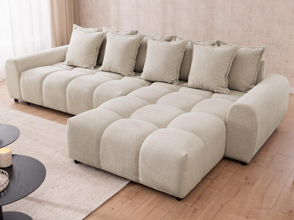 ECKSOFA Bubble mit losen Rückenkissen und Sitzfläche in Bubble-Optik aus weichem Hellbeige Strukturstoff mit schöner Sitzkomfort - Ottomane rechts - Beige/Schwarz, Holz/Kunststoff (306/180cm) - S-Style Möbel