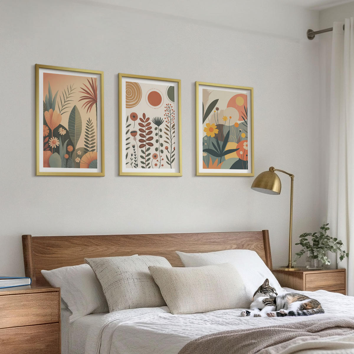 BILDER SET 3er Set - 40x60 cm Goldrahmen - Boho-Pflanzenmuster Natur - Goldfarben, Kunststoff (40/60cm) - TULUP