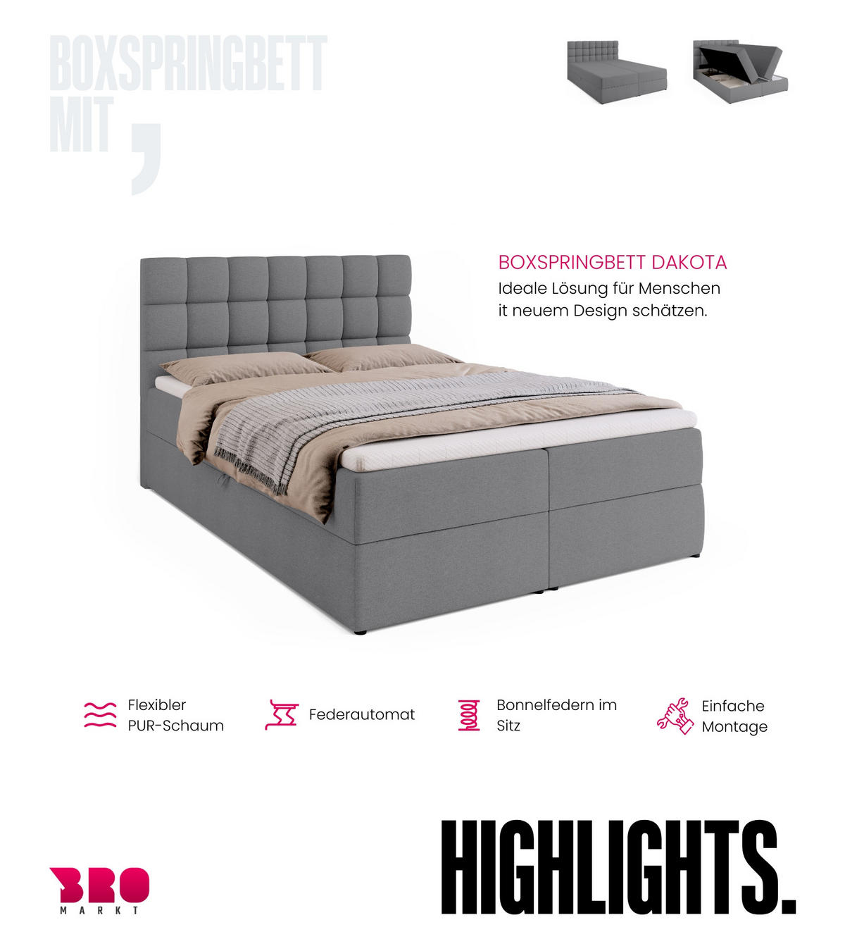 BOXBETT Dakota mit Topper 140/200 Hellgrau - Hellgrau, Textil (140/200cm) - Bromarkt