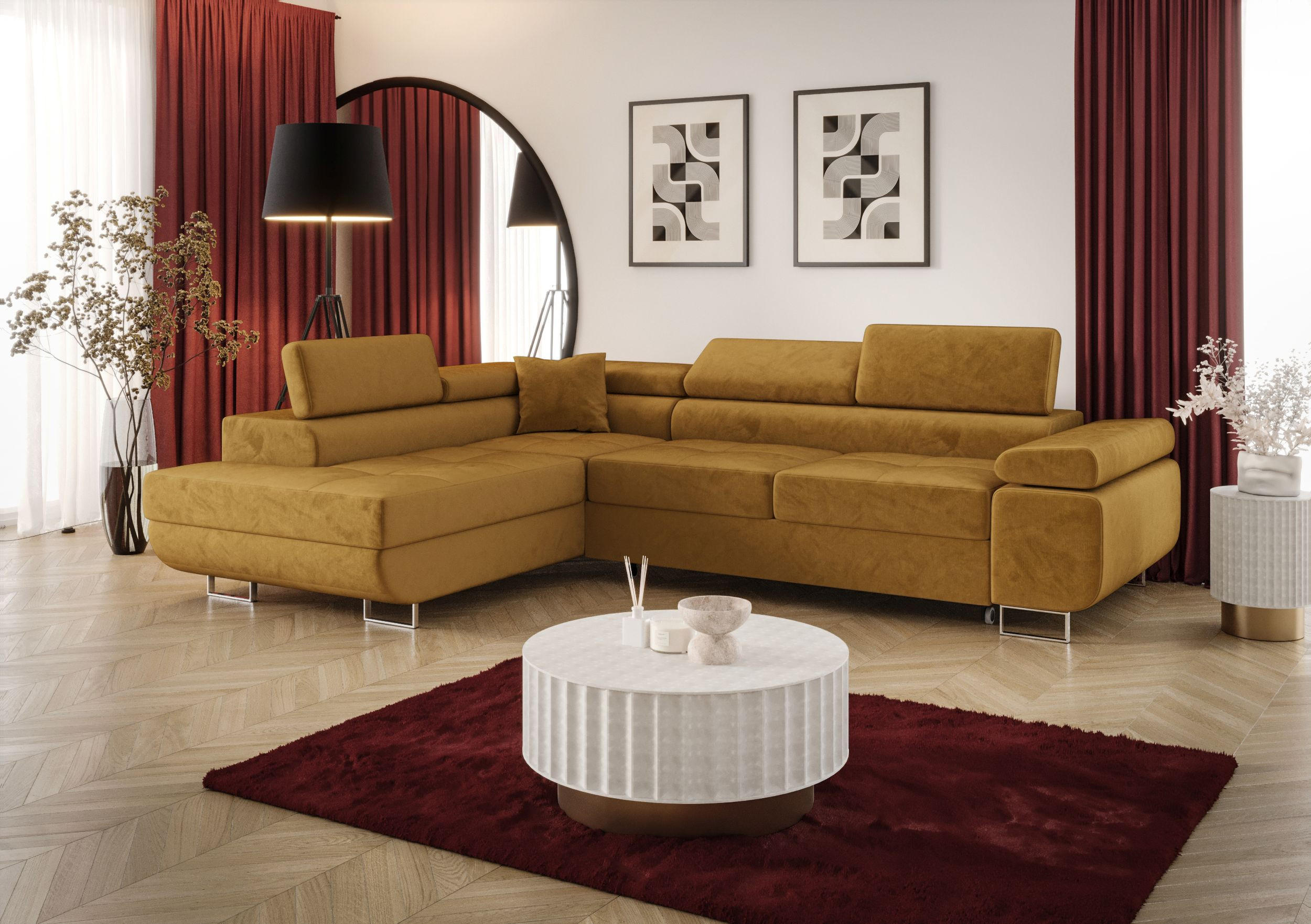 ECKSOFA EMILY mit Schlaffunktion Monolith 48 Links - Currygelb, Textil (275/200cm) - Bedante