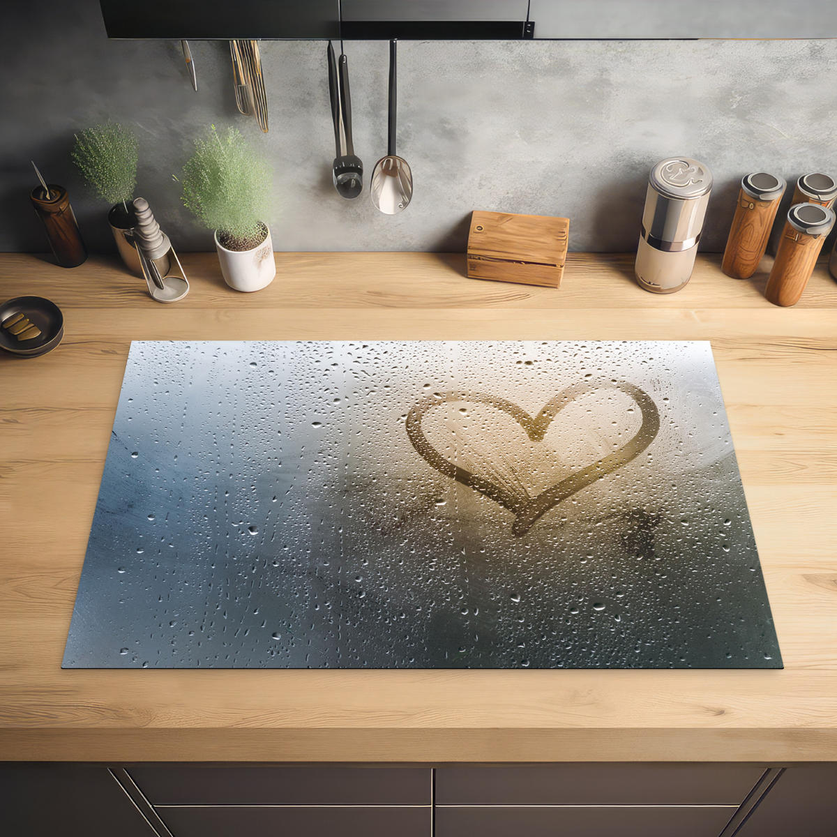 HERDABDECKPLATTE Herz - Kondenswasser - Wasser - 3D Induktionsmatte 81x52 cm - Grau, Kunststoff (81/52/0.2cm) - MuchoWow