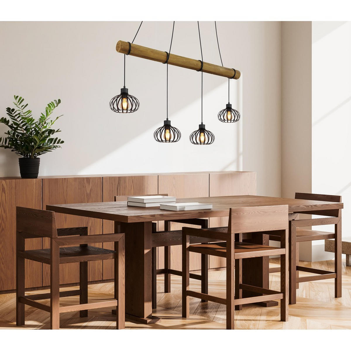 PENDELLEUCHTE CALDWELL, Metall, Schwarz matt, 4-flammig - Schwarz, Holz (125/20/150cm) - Globo Lighting