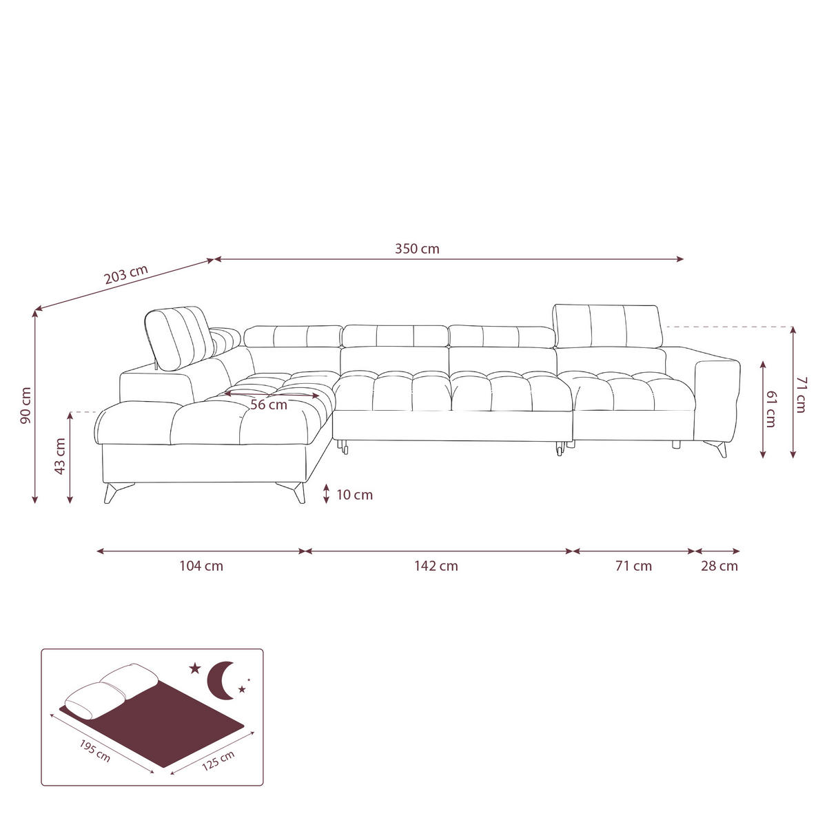 ECKSOFA PUDDING MAXI L Links mit Schlaffunktion 125x195 Velours Dunkelgrau - Dunkelgrau/Schwarz, Holz/Textil (203/350cm) - Muffo