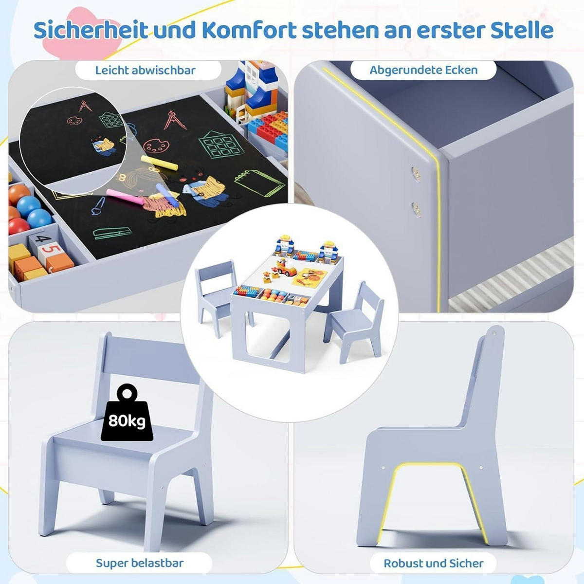KINDERTISCH mit 2 Stühlen 3-teiliges Set Blau - Hellblau, Holzwerkstoff (48/48/80cm)