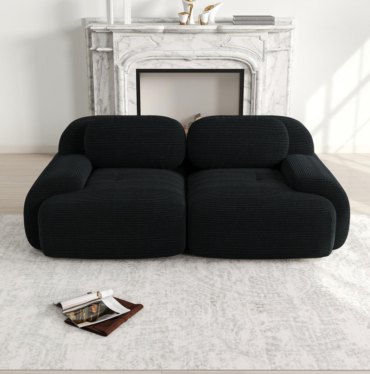 2-SITZER-SOFA Ecksofa 208/103/75 cm schwarz aus Cordstoff mit geschwungenen Armlehnen - Schwarz, Textil (103/75/208cm) - OKWISH