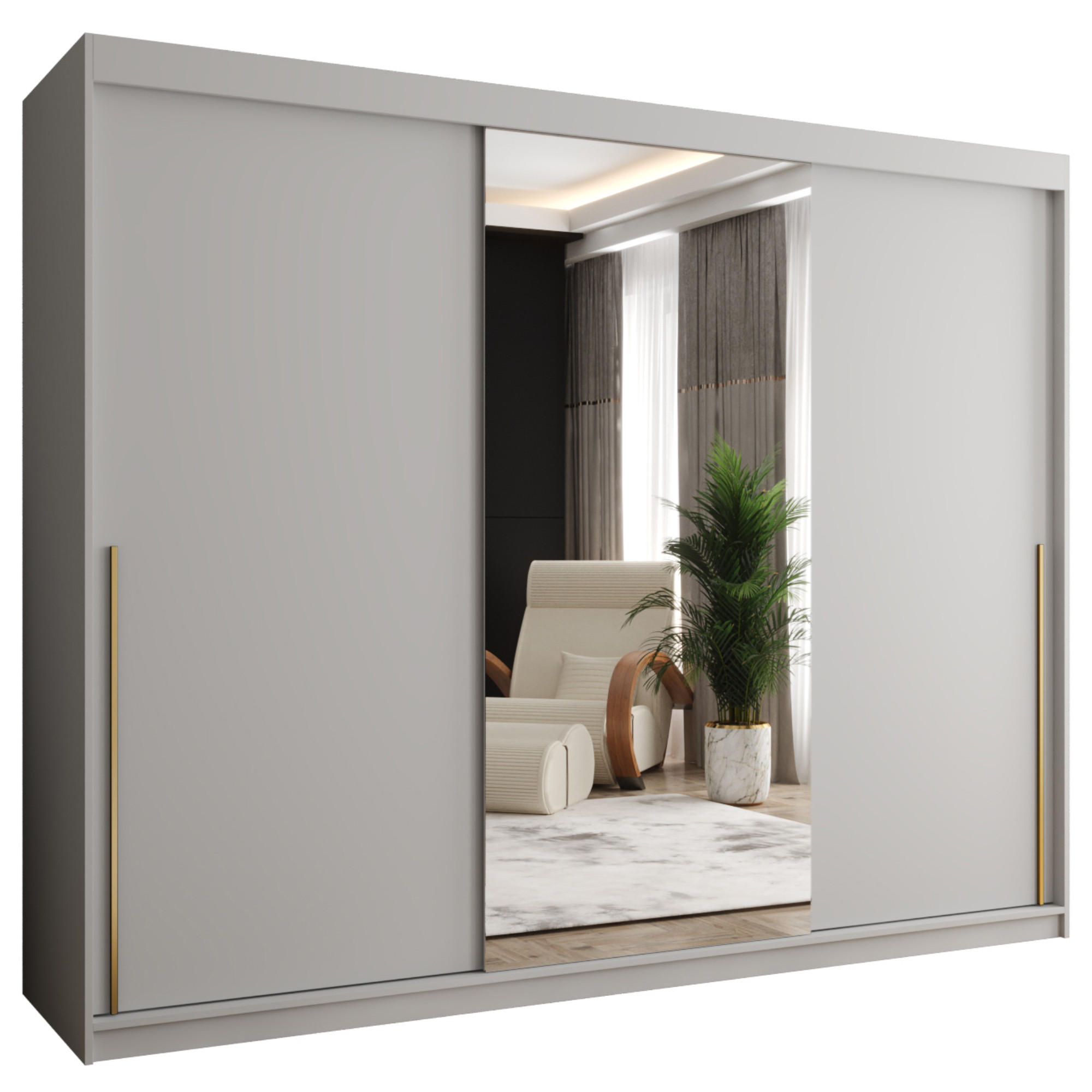 SCHIEBETÜRENSCHRANK mit Spiegel 250 cm Breite Weiß mit goldenem Griff - Goldfarben/Weiß, Holzwerkstoff (250/200/62cm) - Home Collective
