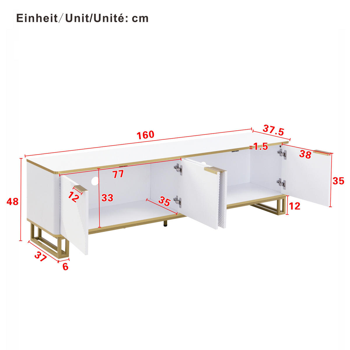 TV Lowboard 160x37,5x48 cm, 4 Türen, geometrische Front, Weiß - Weiß, Holz (160/48/37cm)