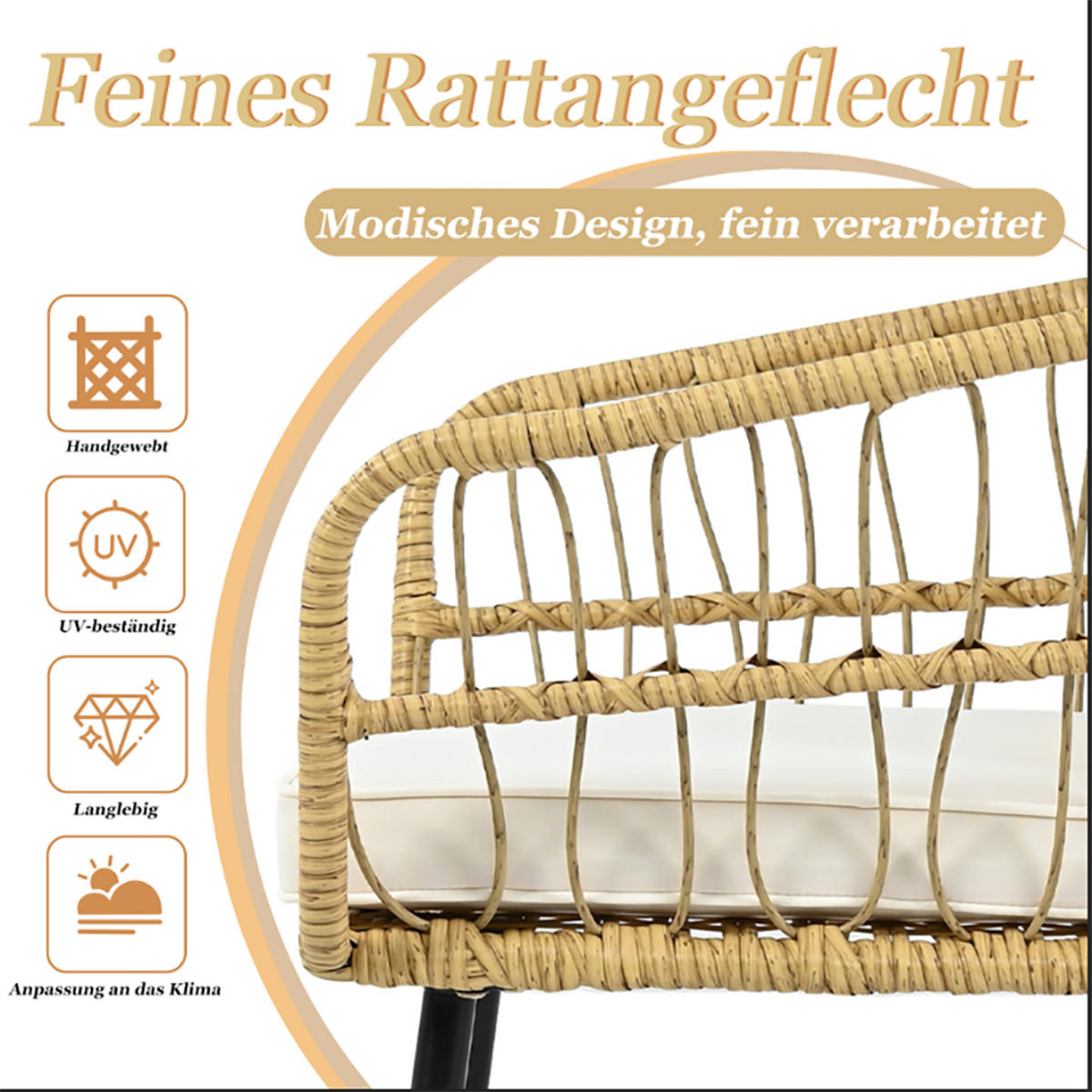 LOUNGEGARNITUR 5-tlg. Rattan Natur & Weiß Balkonmöbel mit Tisch, 2 Stühlen & 2 Hockern - Naturfarben, Textil - Urban Meuble