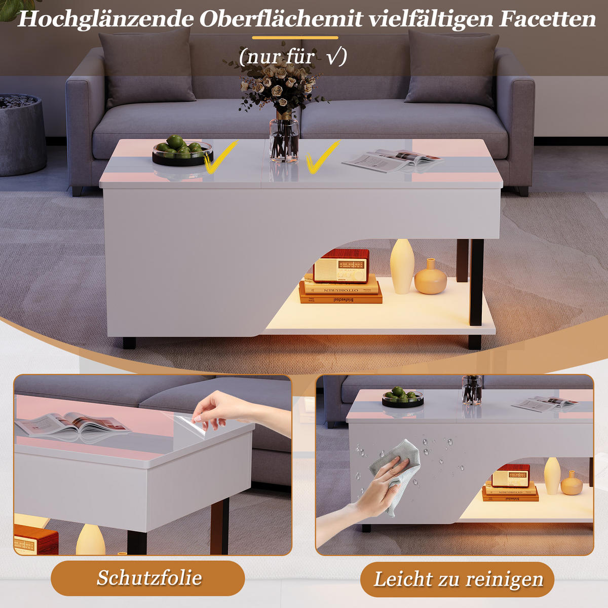 COUCHTISCH höhenverstellbar, Stauraum & Metallgestell, 50/100/46 cm, Spanplatte - Weiß, Holzwerkstoff/Metall (100/50/46cm) - EVRYAE