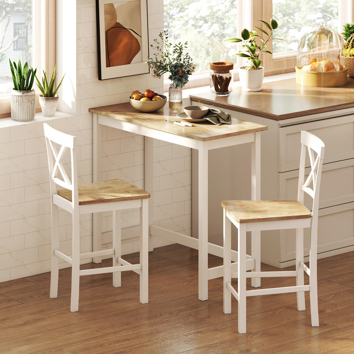 BARHOCKER 2er Set Barstuhl Küchenstühle mit Rückenlehne und Fußstütze Eiche - Eichefarben/Multicolor, Holz (41.5/96/46.5cm) - HOMCOM