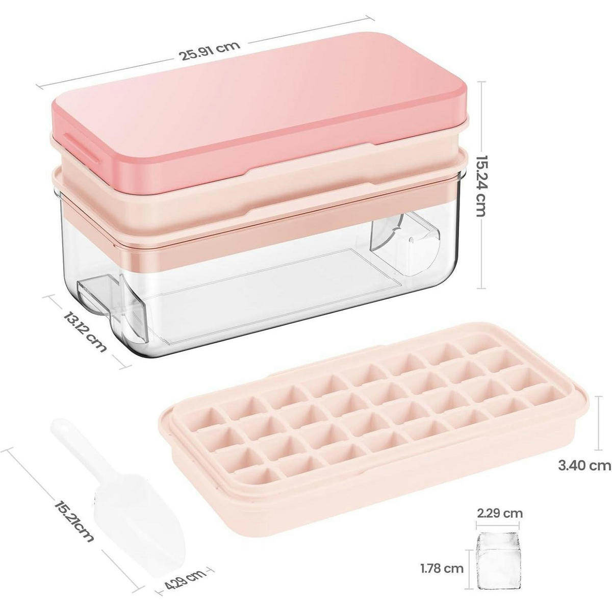 EISWÜRFELFORM mit Deckel und Behälter für 64 Eiswürfel - Rosa, Kunststoff (18.4/13.7/26.1cm)