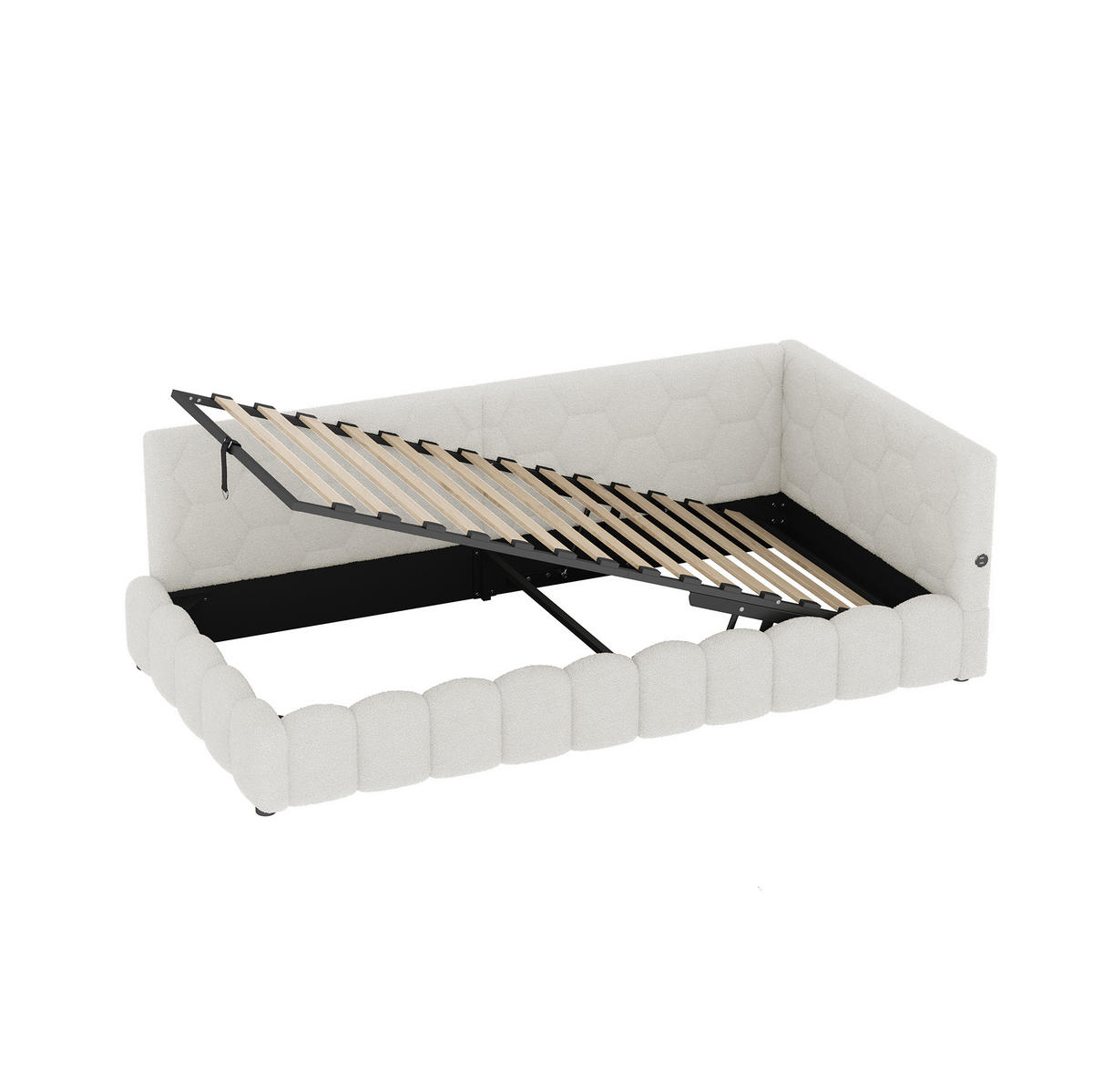 TAGESBETT 90/200 cm mit LED-Lichtleiste, USB, Typ-C und hydraulischem Bettkasten aus Vliesimitat, Weiß - Weiß, Textil (90/200cm) - Redom