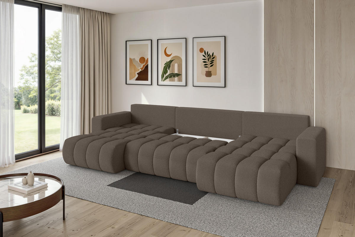 SEDACÍ SOUPRAVA DO U s funkcí spaní a úložným prostorem MILA-U-v1 378x194x86 hnědá bouclé - černá/hnědá, kompozitní dřevo/textil (378/86/194cm) - ALTDECOR