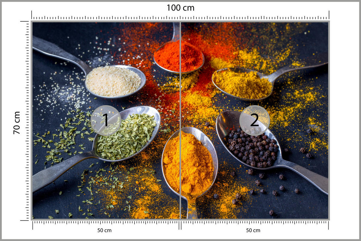 FOTOTAPETE für Küche Gewürzlöffel Orientalisch Curry Kurkuma Pfeffer 100x70 - Beige/Rot, Papier (100/70cm) - Muralo