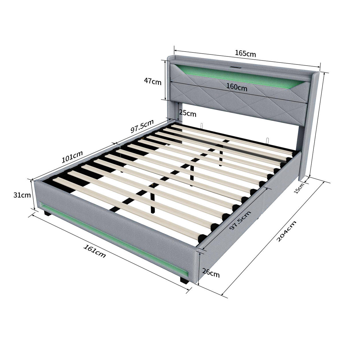 POLSTERBETT 140x200 cm mit LED, USB-Anschluss, Bettkasten und Stauraum-Kopfteil, Grau - Grau, Holz (160/200cm)