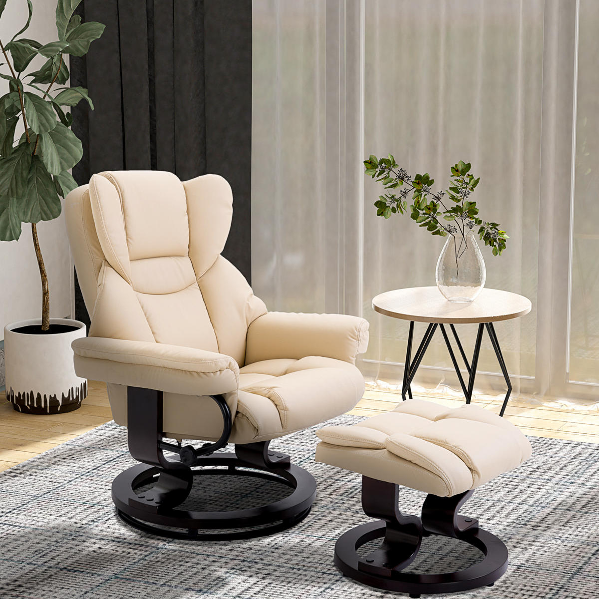 RELAXSESSEL 79/80/100 cm mit Hocker und 360°-Drehfunktion - Creme, Holz (79/100/80cm) - BEAOK