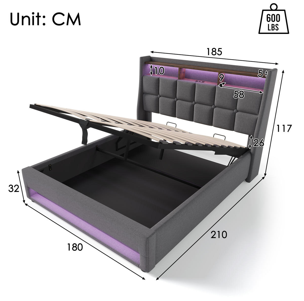 ČALÚNENÁ posteľ 185/210/117 cm sivá, s LED osvetlením a USB - sivá, textil (180/200cm) - BEAOK