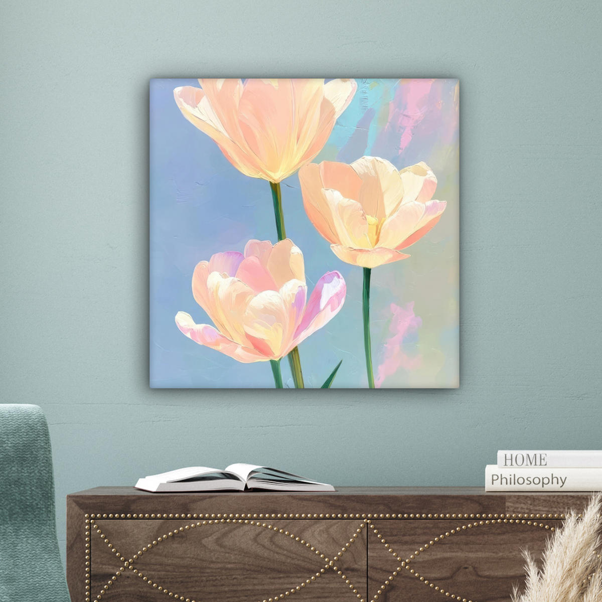 LEINWANDBILD Tulpen - Rosa Akzente - Blau Wandbild Wohnzimmer 50x50 cm - Pastellblau, Textil (50/50cm) - MuchoWow