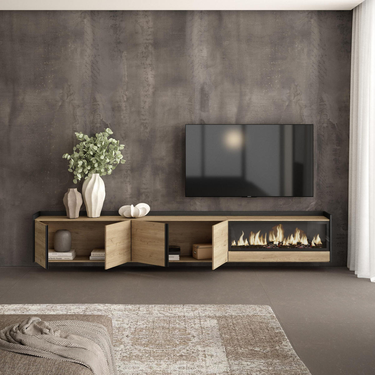 LOWBOARD, Eiche und Schwarz, 315/35/50cm, Kamin mit Feuereffekt XXL - Eichefarben, Holzwerkstoff (315/50/35cm) - Skraut Home