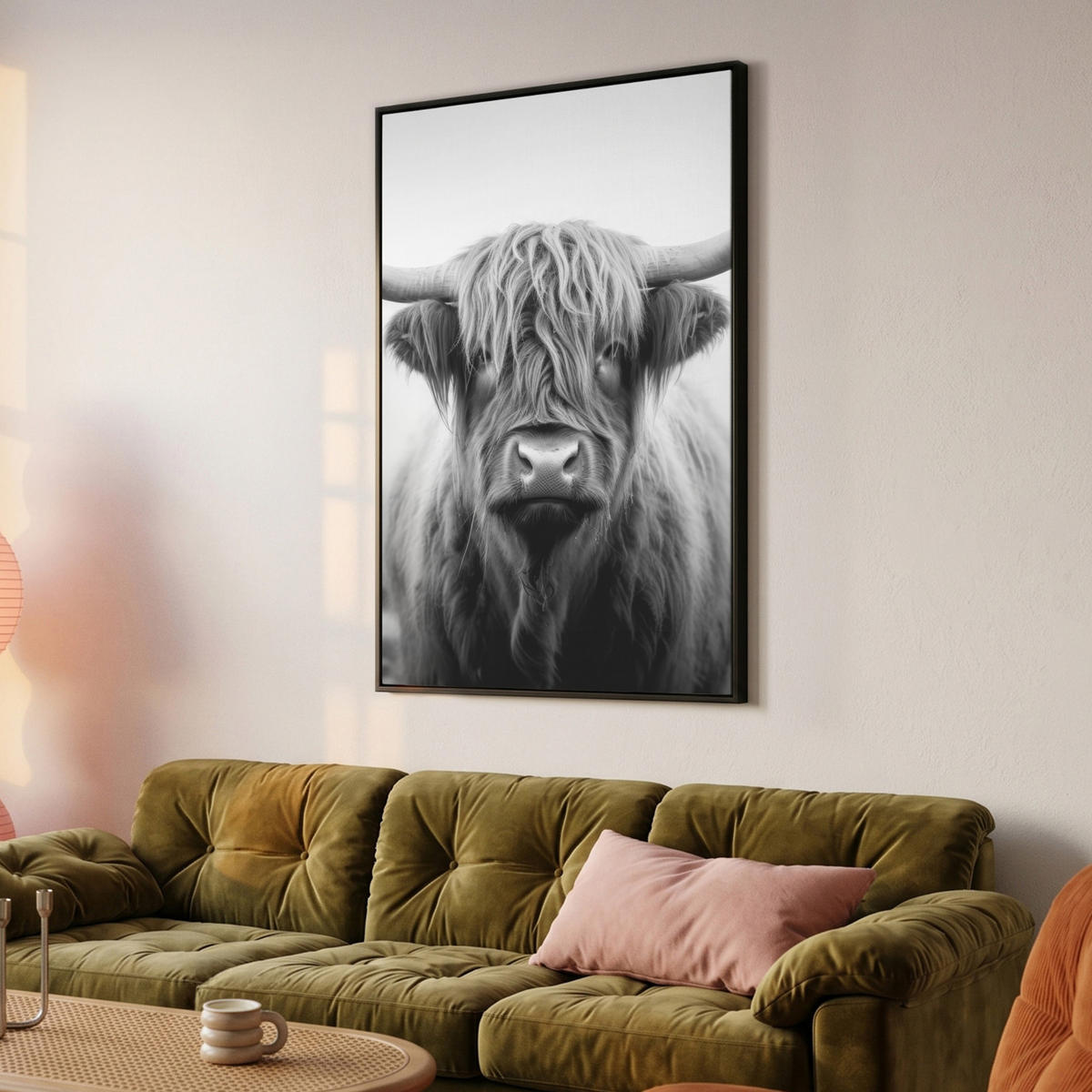 LEINWAND Bilder mit Rahmen - Schottischer Highlander - Nebel - Schwarz - Weiß - 80x120 - Grau, Textil (80/120cm) - MuchoWow