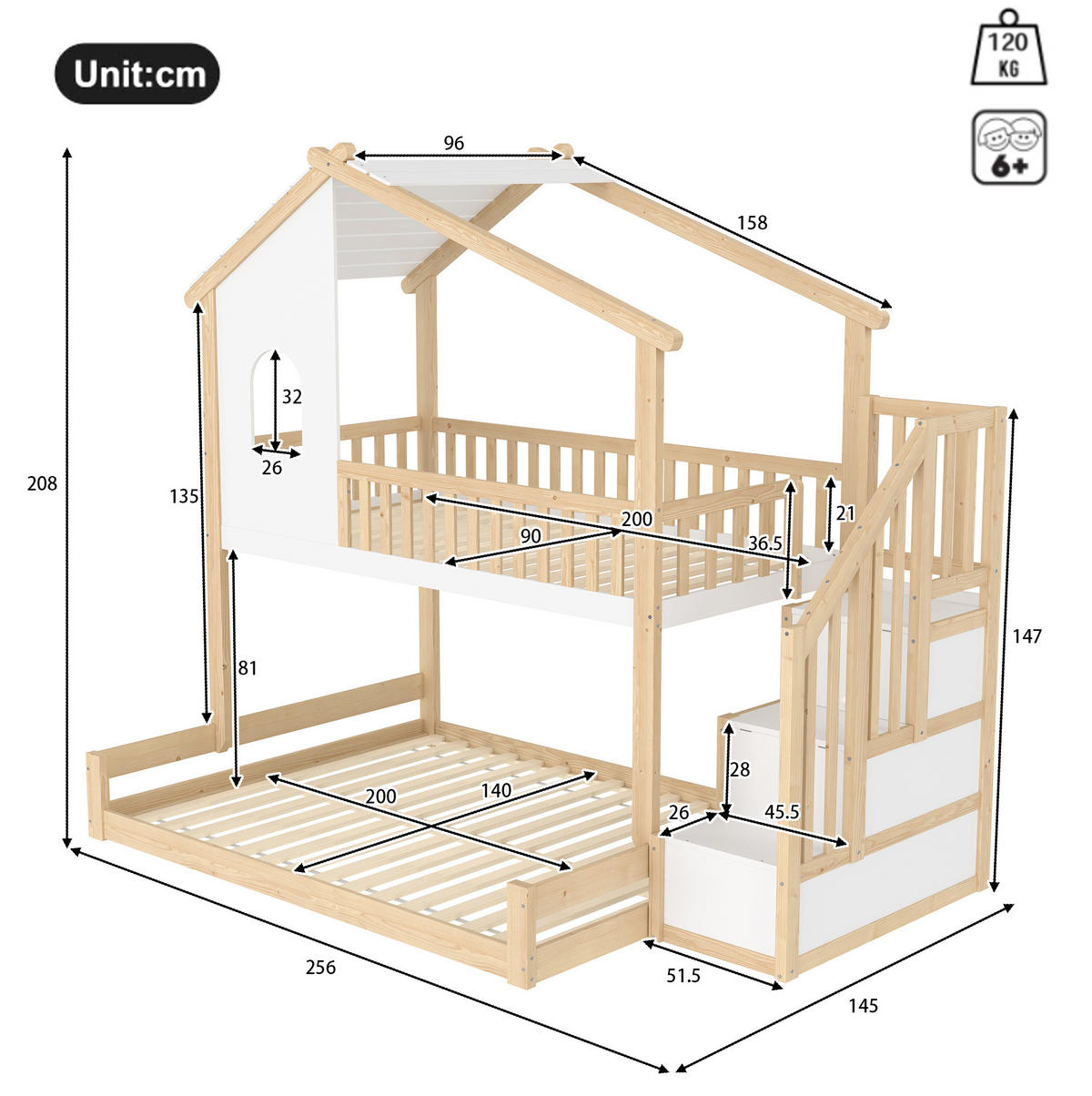 ETAGENBETT 90/200 cm + 140/200 cm mit Stauraumleiter, Hausoptik und Bettgitter aus Kiefernholz, Natur/Weiß - Naturfarben, Holzwerkstoff (90/200cm) - Redom