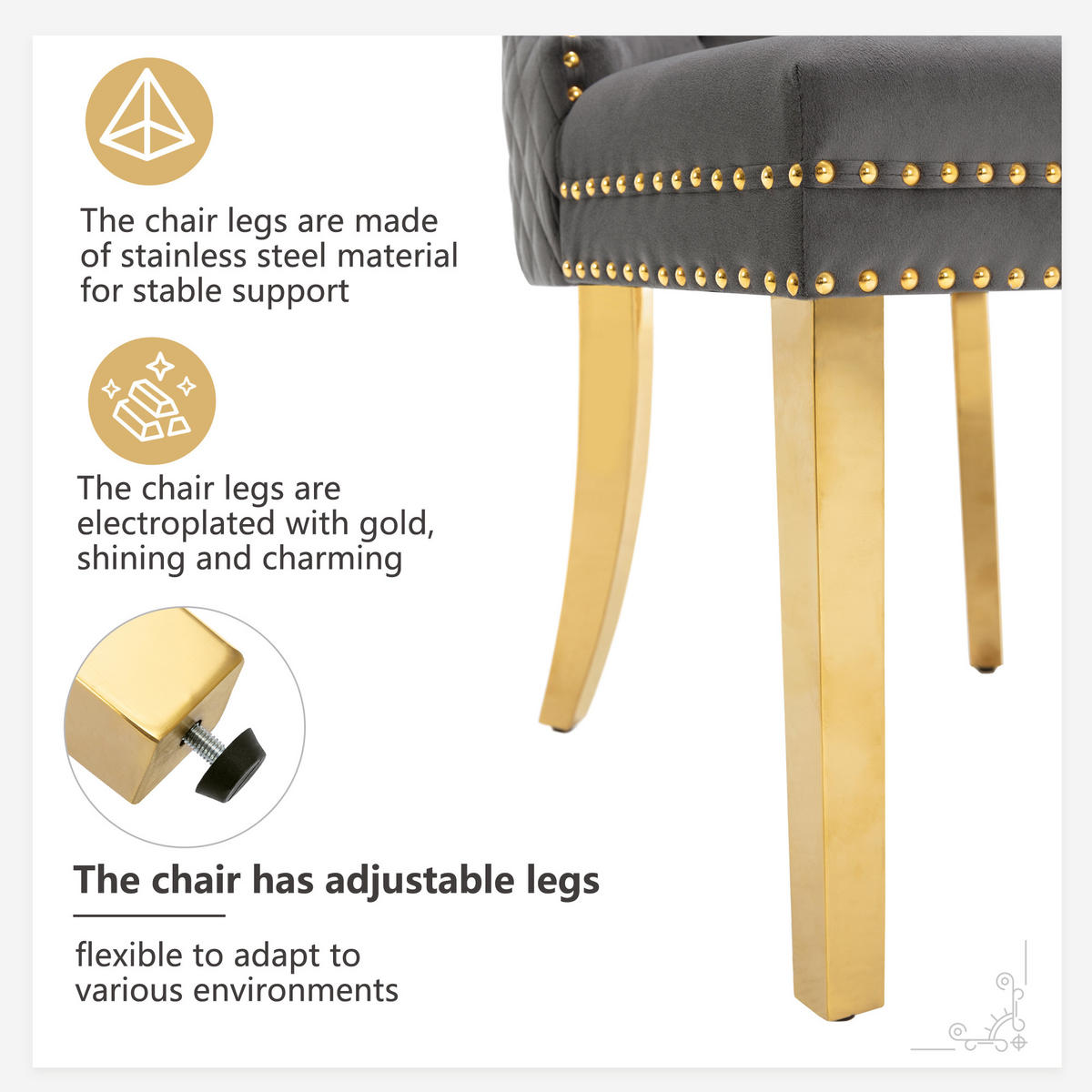 ESSZIMMERSTUHL 2-Tlg Samt Grau Gold, Nagelkopf, Gold Beine - Grau, Textil (50.5/95/45cm) - FLIEKS
