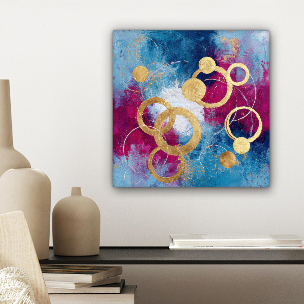 LEINWANDBILD Kreise - Gold - Abstrakt Deko Wohnzimmer 20x20 cm - Blau, Textil (20/20cm) - MuchoWow